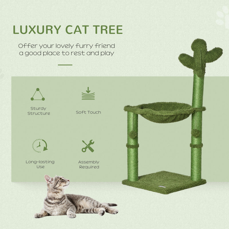 PawHut Cactus Cat Tree Tower Sisal Scratching Post with Hammock 40 x 40 x 96 cm