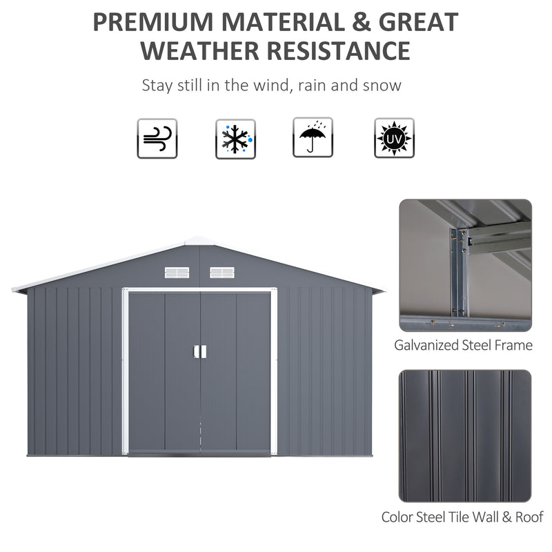 Outsunny 13 X 11ft Outdoor Garden Storage Shed w/2 Doors Galvanised Metal Grey