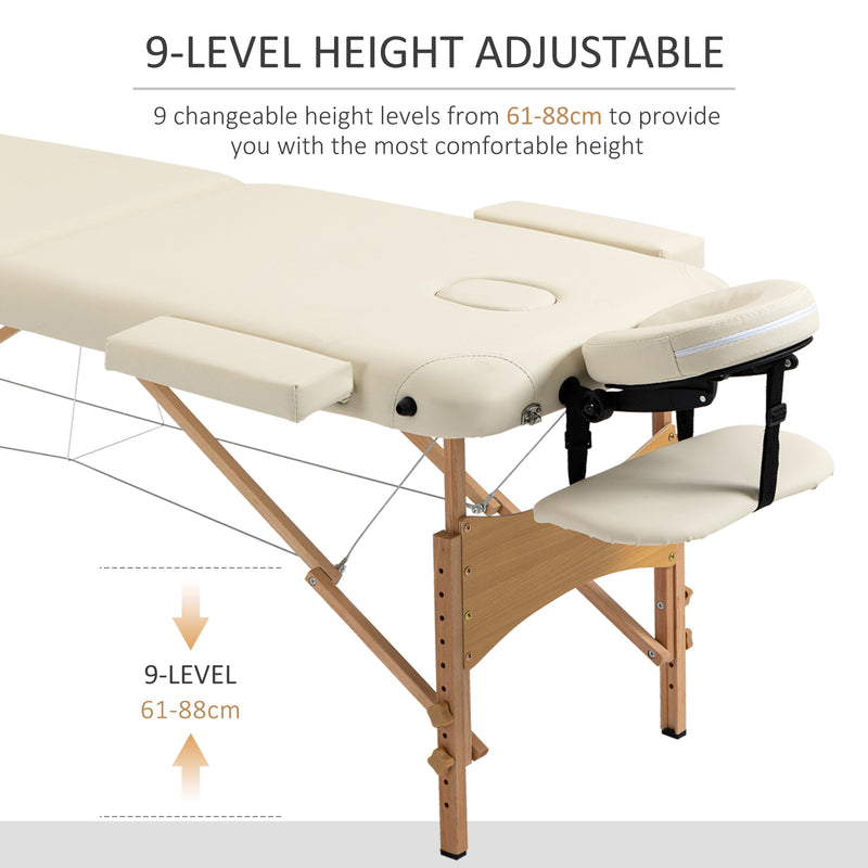 HOMCOM Wooden Folding Spa Beauty Massage Table w/ 2 Sections, Carry Bag, Cream