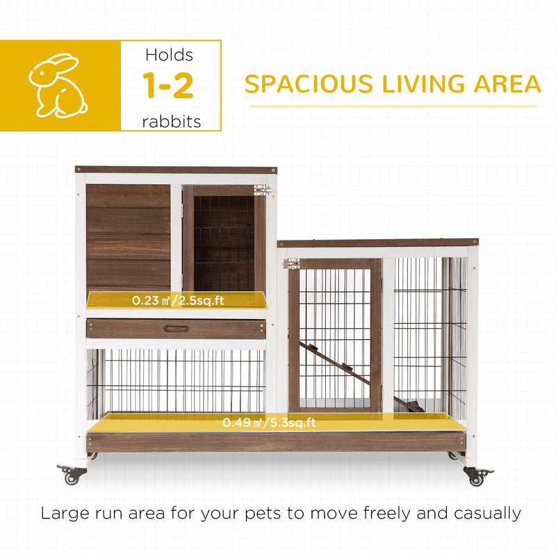 PawHut Wooden Indoor Rabbit Hutch Elevated Bunny Cage with Enclosed Run W/ Wheel