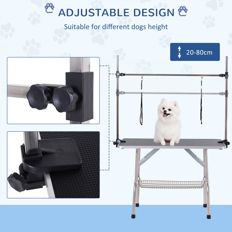 PawHut Metal Adjustable Dog Grooming Table Rubber Top 2 Safety Slings Mesh Black