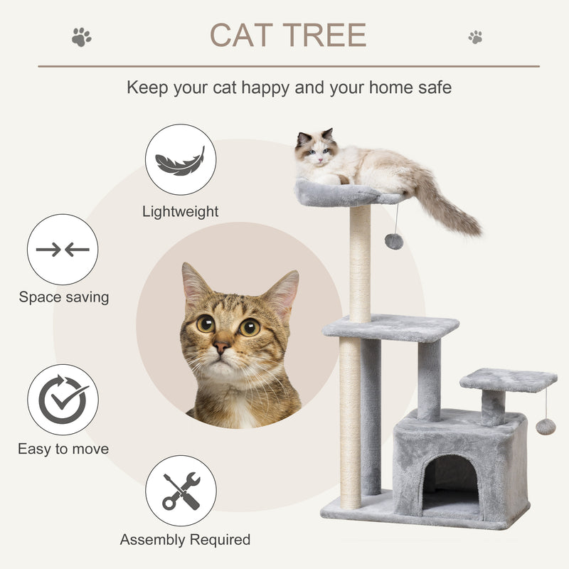 PawHut Cat Tree Activity Center w/ Scratching Post Sisal Hanging Ball Light Grey