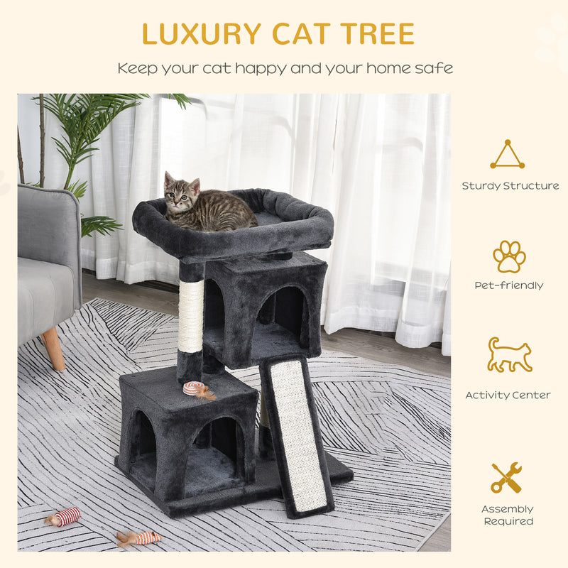 PawHut Cat Rest & Play Activity Tree w/ 2 House Perch Scratching Post Black