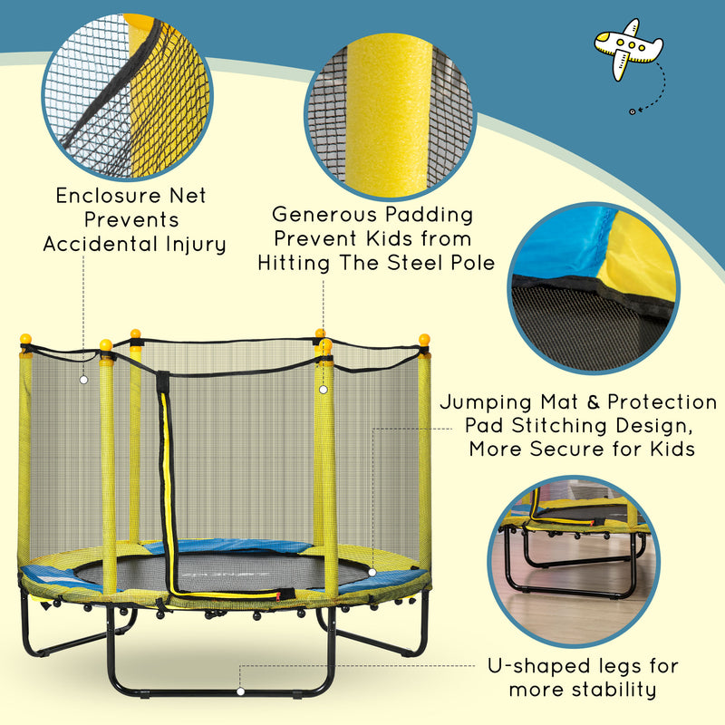 HOMCOM 4.6FT Kids Trampoline w/ Enclosure, Kids 1-10 Years - Yellow