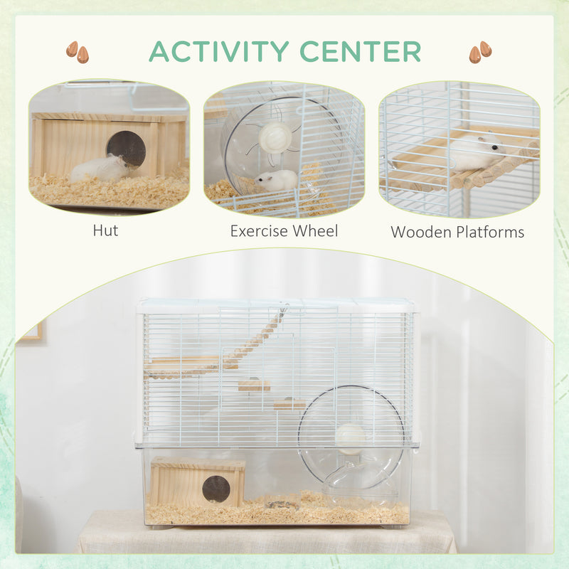 PawHut Hamster Cage, Gerbil Cage w/ Deep Bottom, Wooden Ramp, Exercise Wheel