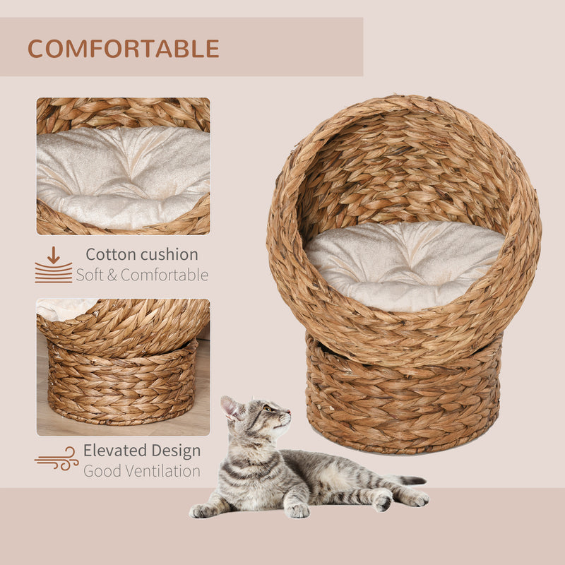 PawHut Wicker Cat House, Raised Cat Bed with Cylindrical Base, 50 x 42 x 60 cm