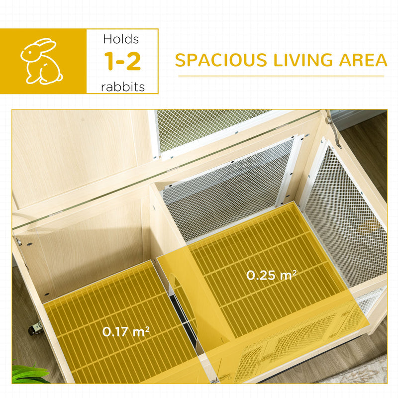PawHut Rabbit Hutch with Wheels, Openable Roof, Removable Tray - Oak Tone