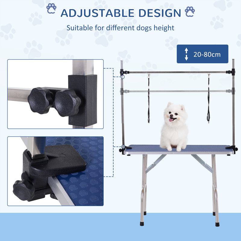 PawHut Metal Adjustable Dog Grooming Table Rubber Top 2 Safety Slings Mesh Blue