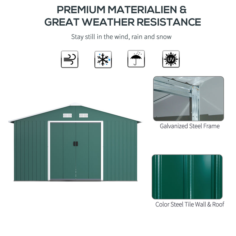 Outsunny 13 X 11ft Garden Storage Shed w/2 Doors Galvanised Metal Green