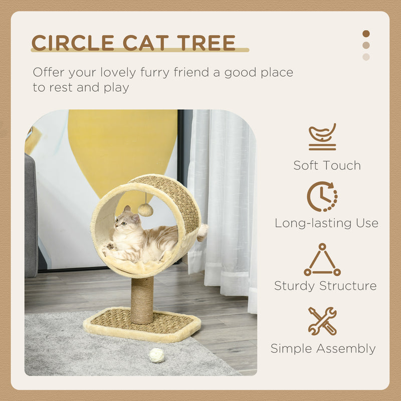 PawHut Small Cat Tree for Indoor Cats w/ Scratching Post, Tunnel, Toy - Beige