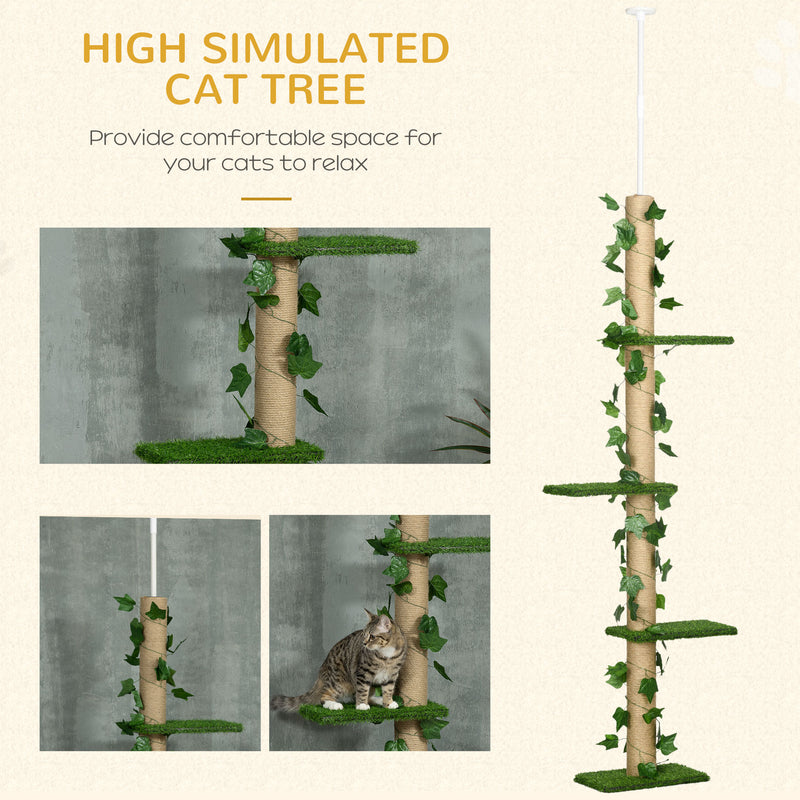 PawHut 242cm Adjustable Floor-To-Ceiling Cat Tower w/ Anti-Slip Kit - Green