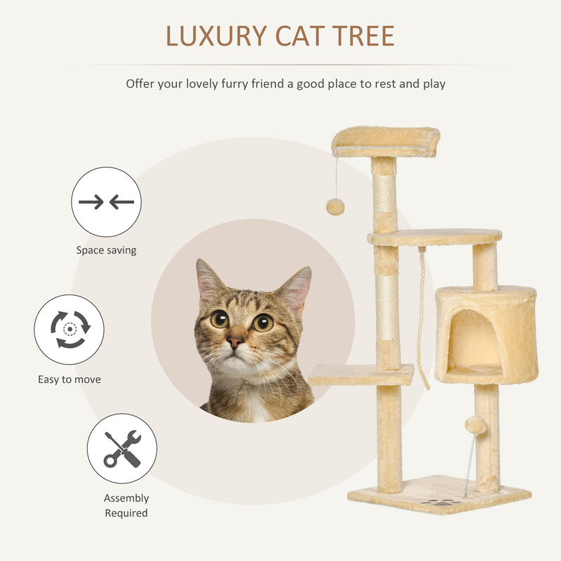 PawHut Cat Tree Activity Centre Scratching Post With Toys 4-tier Beige 114cm