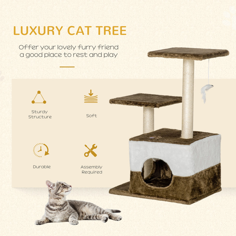 PawHut Cat Tree w/ Sisal Scratching Posts, House, Perches, Toy Mouse - Brown