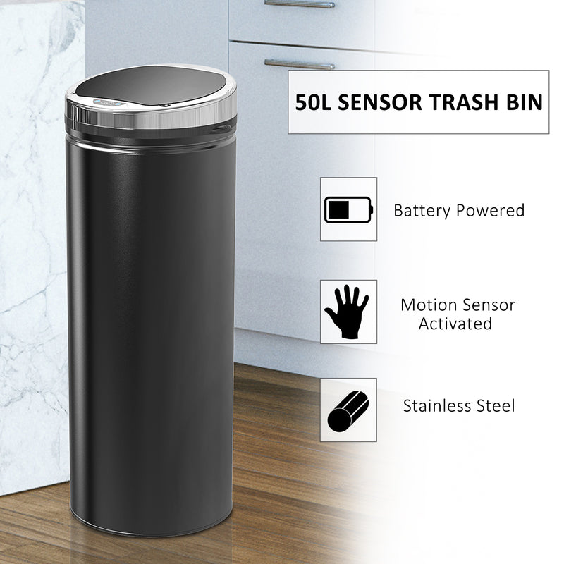 HOMCOM Automatic Hand Sensor Dustbin Kitchen Waste Bin Rubbish Can 50L Black