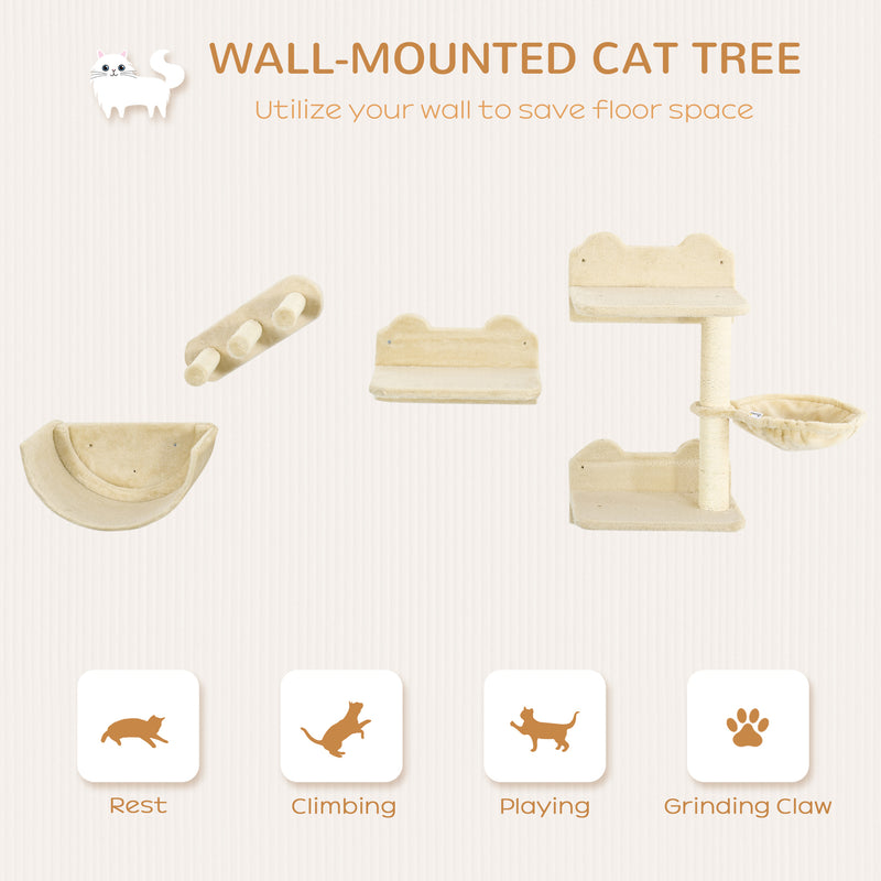 PawHut 4PCs Wall Mounted Cat Tree Cat Wall Shelves W/ Scratching Post Beige