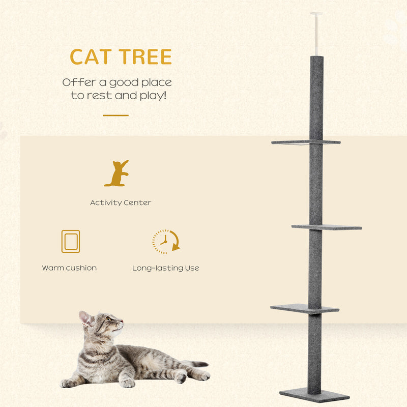 PawHut 260cm Floor To Ceiling Cat Tree Kitten Tower w/ Adjustable Height - Grey