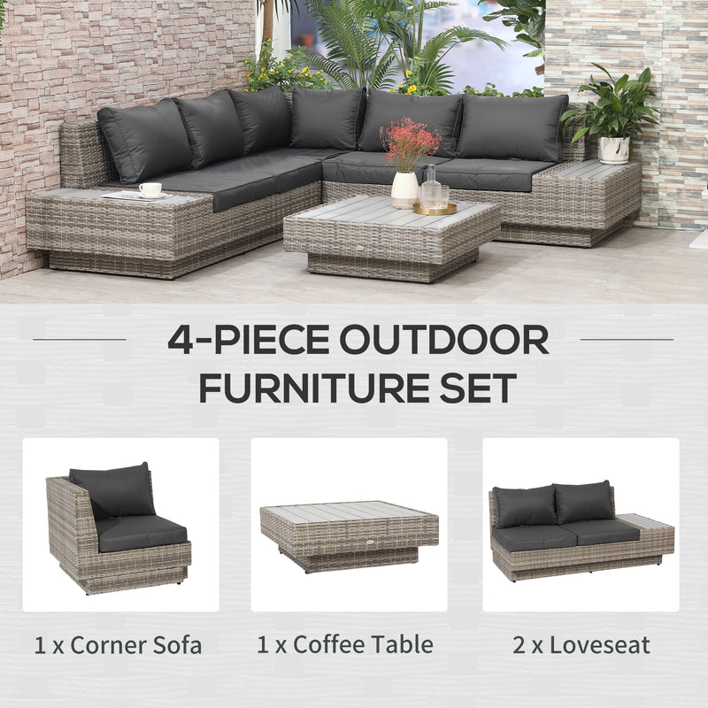 Outsunny 4Pcs Rattan Sofa Set Garden Furniture Set with Armrest Cushions Grey