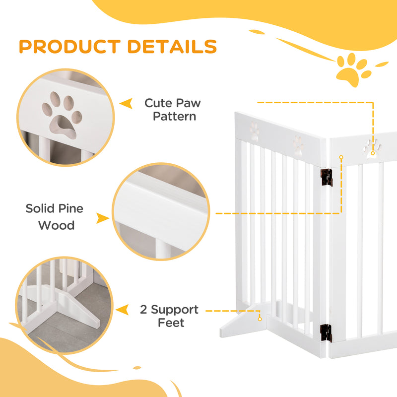 PawHut Pet Gate 4 Panel Wooden Dog Barrier Folding Fence w/ Support Feet