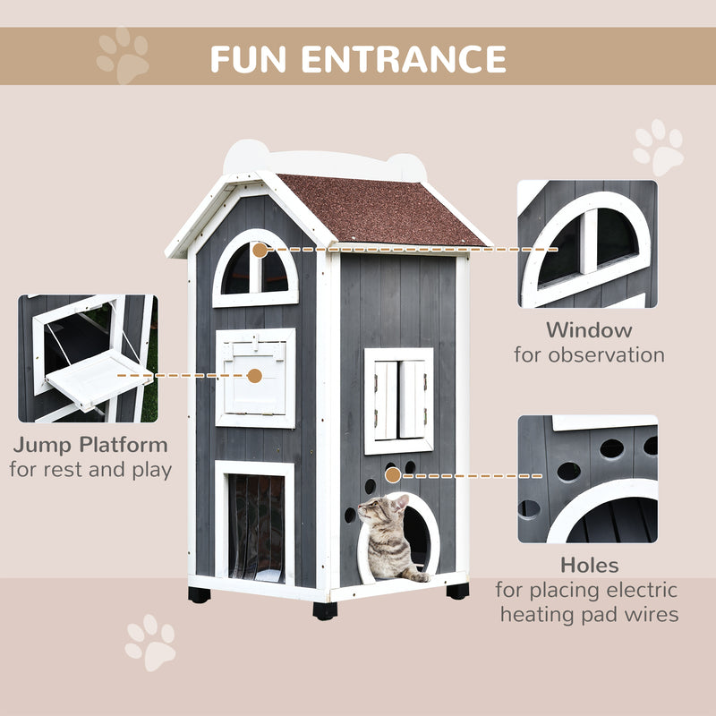 PawHut Wooden Cat House Condos Cat Cave 2 Floor Pet Shelter Outdoor Furniture