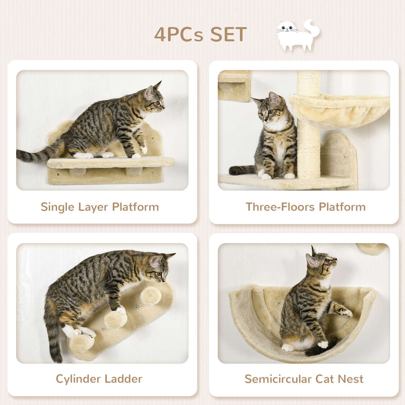 PawHut 4PCs Wall Mounted Cat Tree Cat Wall Shelves W/ Scratching Post Beige