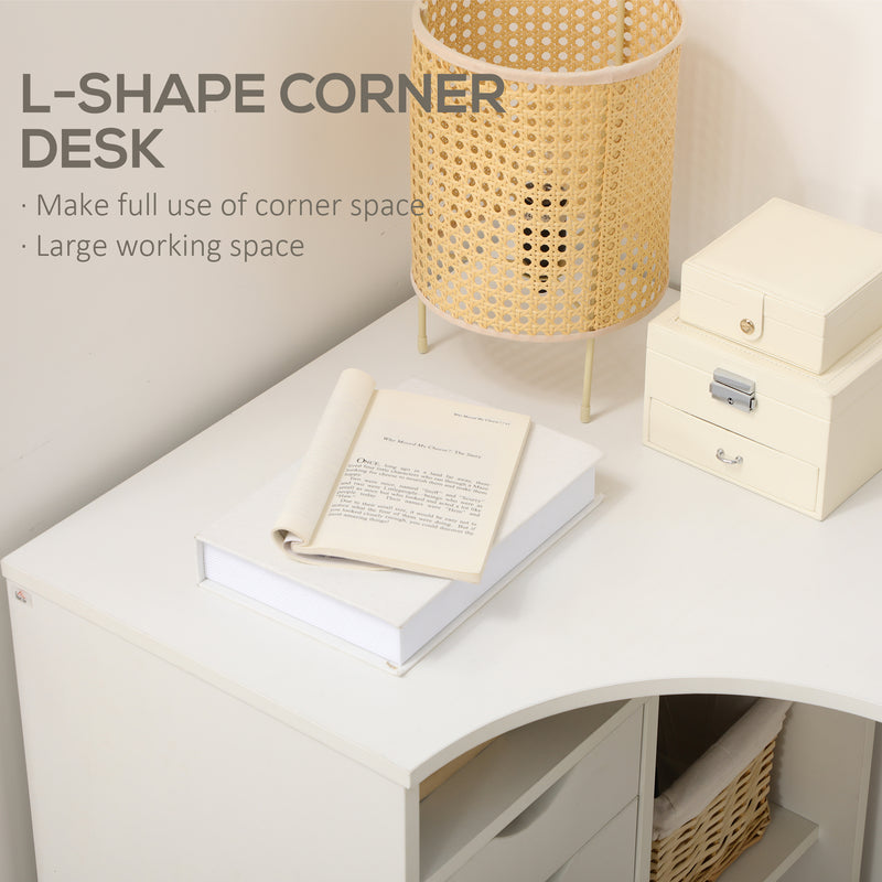 HOMCOM L-Shaped Corner Computer Desk Study Table w/ Storage Shelf - White