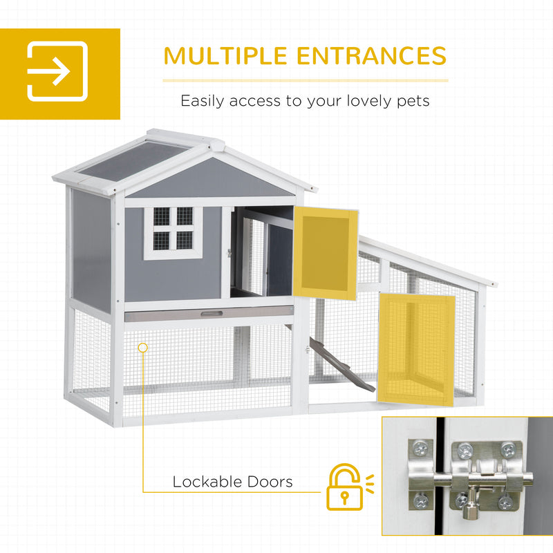 PawHut Two-Tier Rabbit Hutch w/ Sunlight Panel Roof, Slide-Out Tray - Grey
