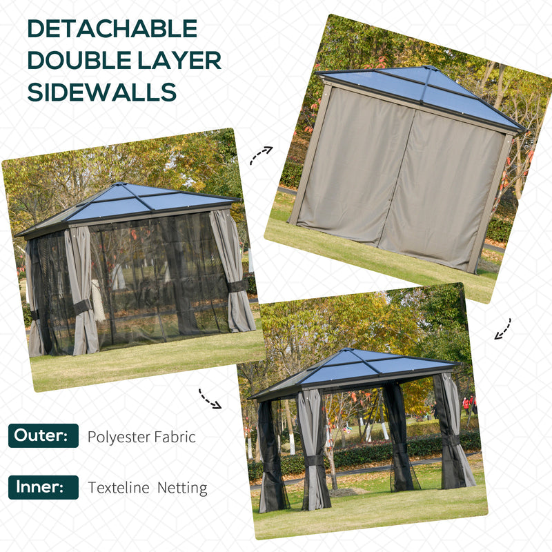 Outsunny 3x3(m) Aluminium Hardtop Gazebo Canopy w/ Polycarbonate Top, Curtains