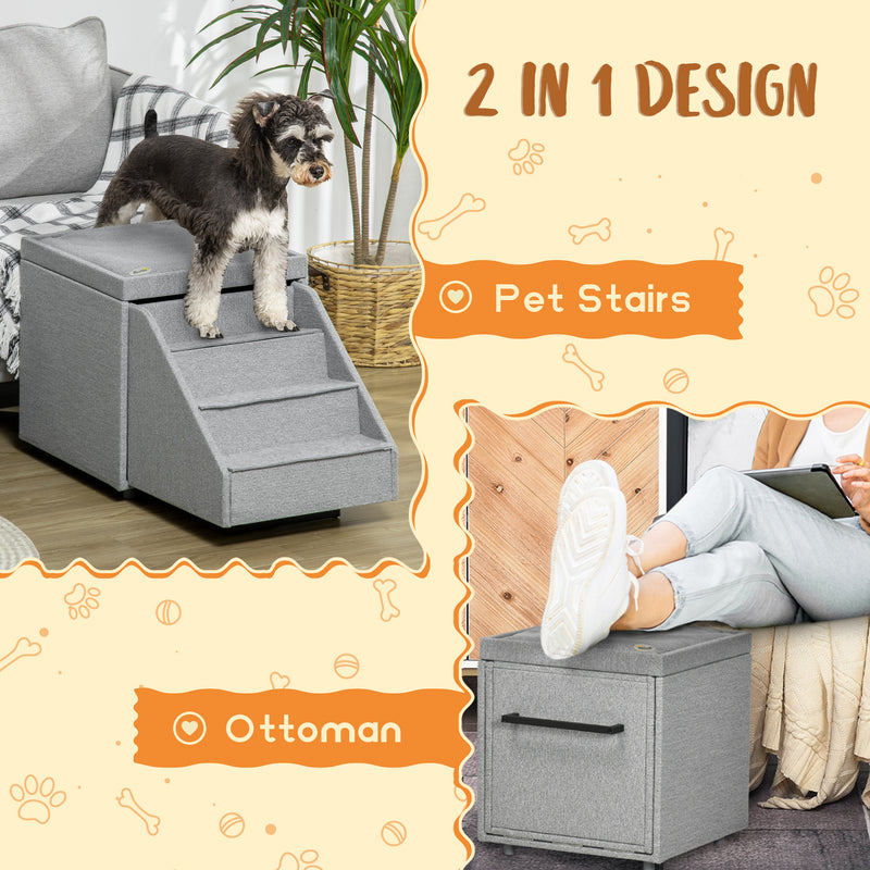 PawHut 2 in 1 Dog Steps Ottoman, Pet Stairs for Small Medium Dogs and Cats Grey