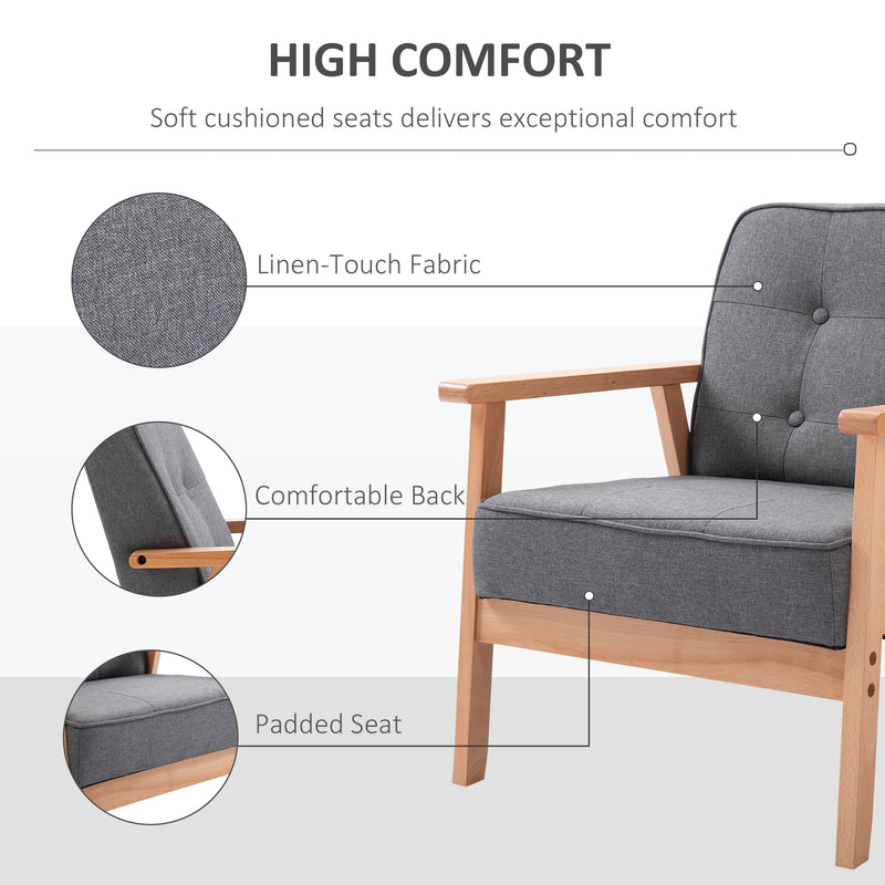 Homcom Retro Accent Single Chair Beech Wood Frame Armchair Cushion Linen Fabric