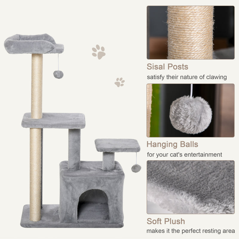 PawHut Cat Tree Activity Center w/ Scratching Post Sisal Hanging Ball Light Grey