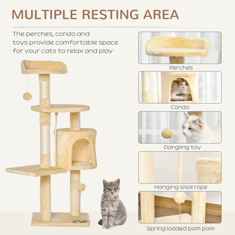 PawHut Cat Tree Activity Centre Scratching Post With Toys 4-tier Beige 114cm