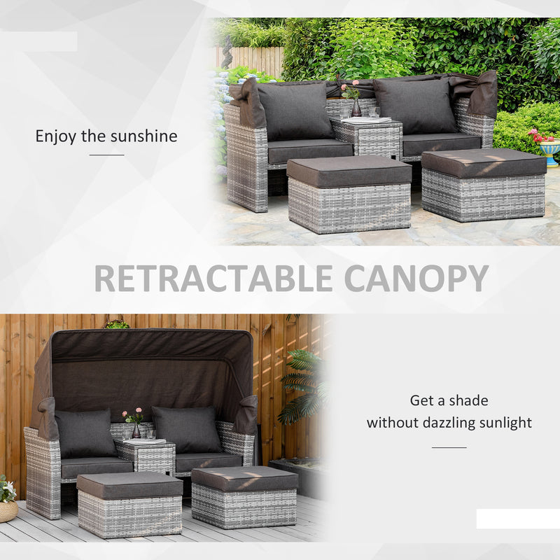 Outsunny 3 PC Outdoor Rattan Daybed Sofa Stool Table Set w/ Canopy, Cushion