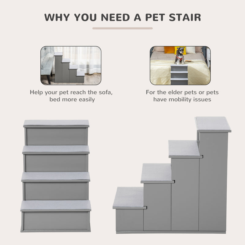 PawHut 4 Step Wooden Dog Steps Pet Stairs Cat Ladder for Bed Couch, Grey