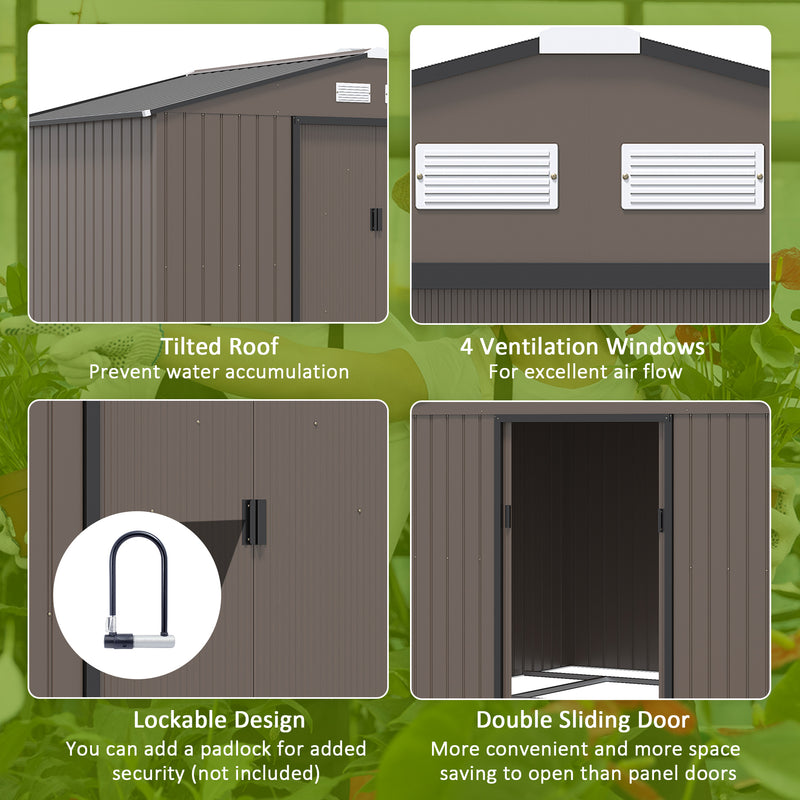 Outsunny 9 X 6FT Outdoor Storage Garden Shed Sliding Door Galvanised Metal Brown