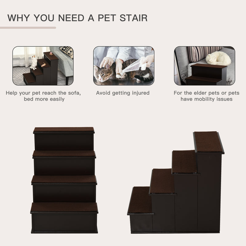 PawHut 4 Step Wooden Dog Steps Pet Stairs Cat Ladder for Bed Couch, Dark Brown