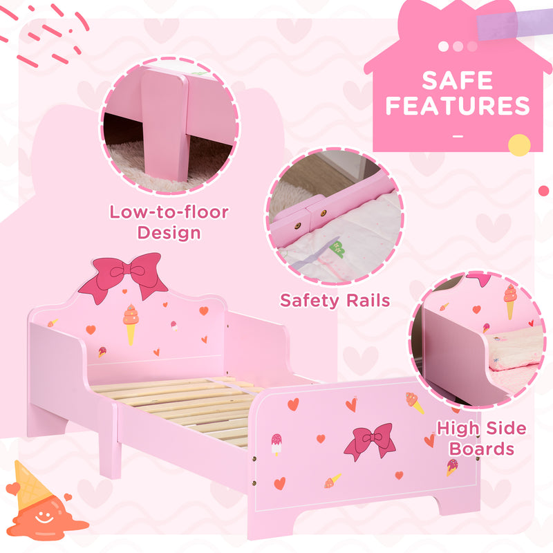 ZONEKIZ Kids Toddler Bed w/ Cute Patterns, Safety Rails - Pink