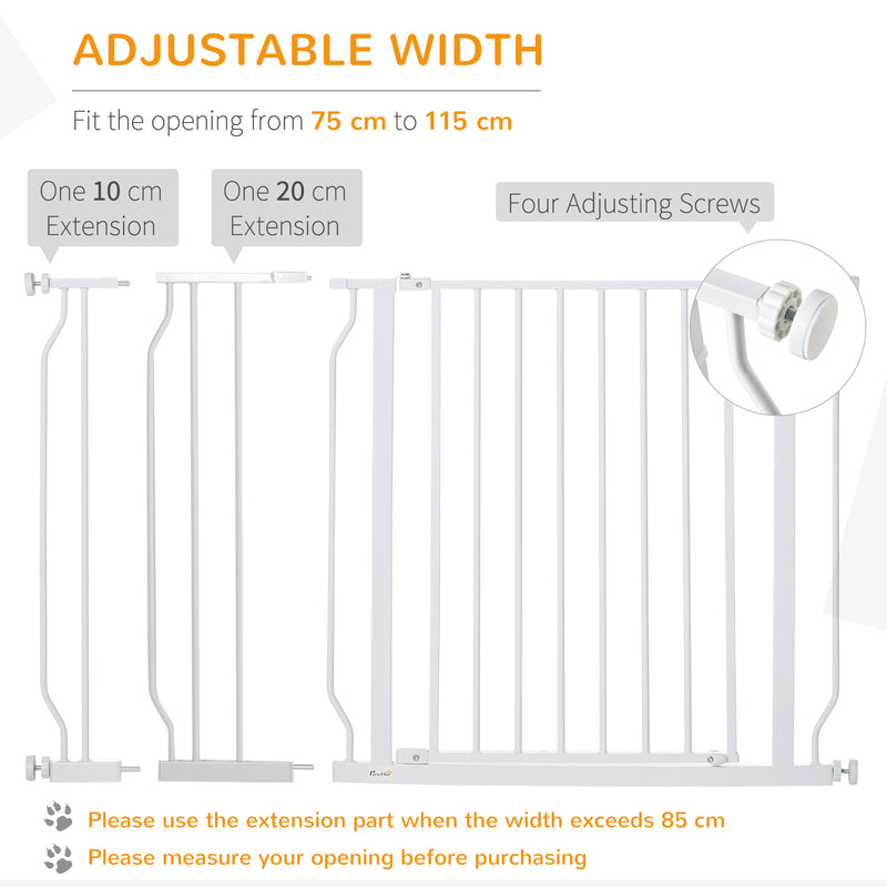 PawHut Dog Gate Wide Stair Gate w/ Door Pressure Fit, 75-115W cm, White