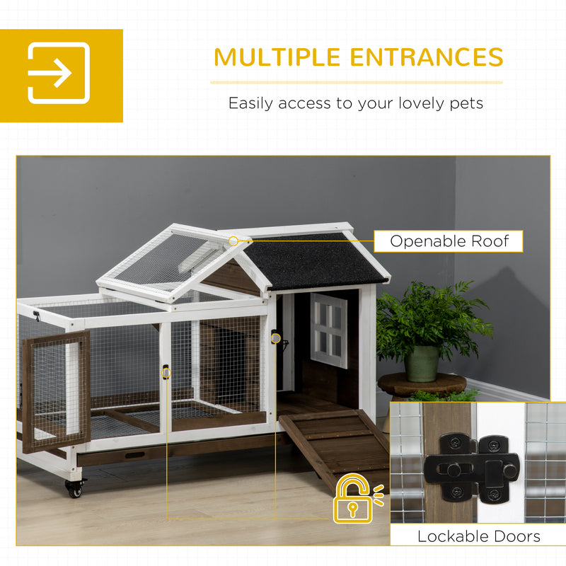 PawHut Wooden Rabbit Hutch, Small Animal  House w/ Wheels, Removable Tray