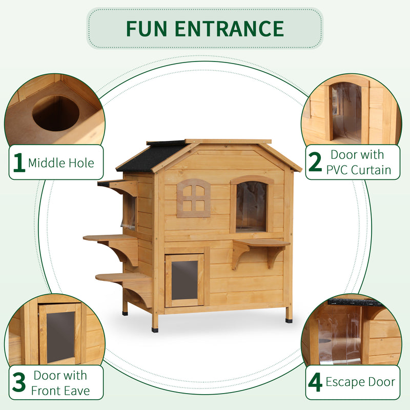 PawHut Wooden Cat House Cat Cave Pet Shelter Condos Outdoor Natural Wood Finish