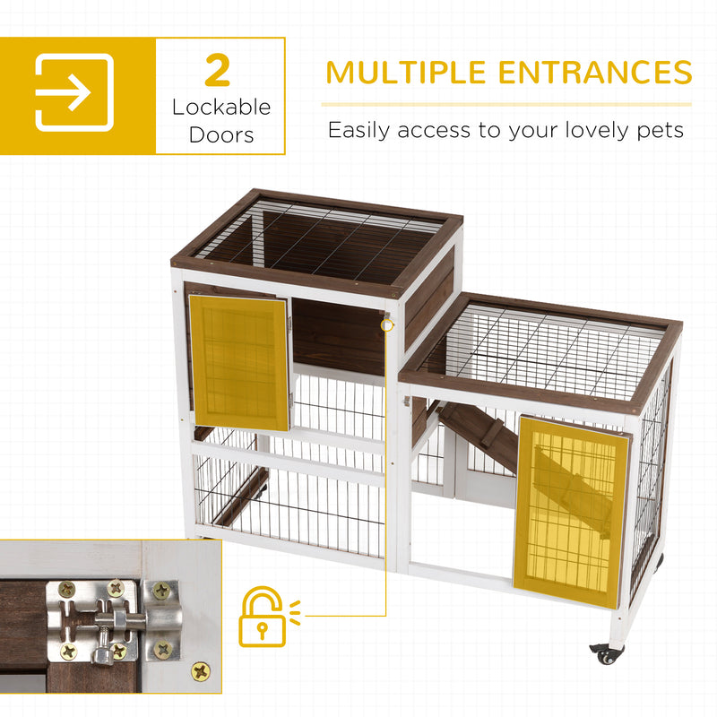 PawHut Wooden Indoor Rabbit Hutch Elevated Bunny Cage with Enclosed Run W/ Wheel