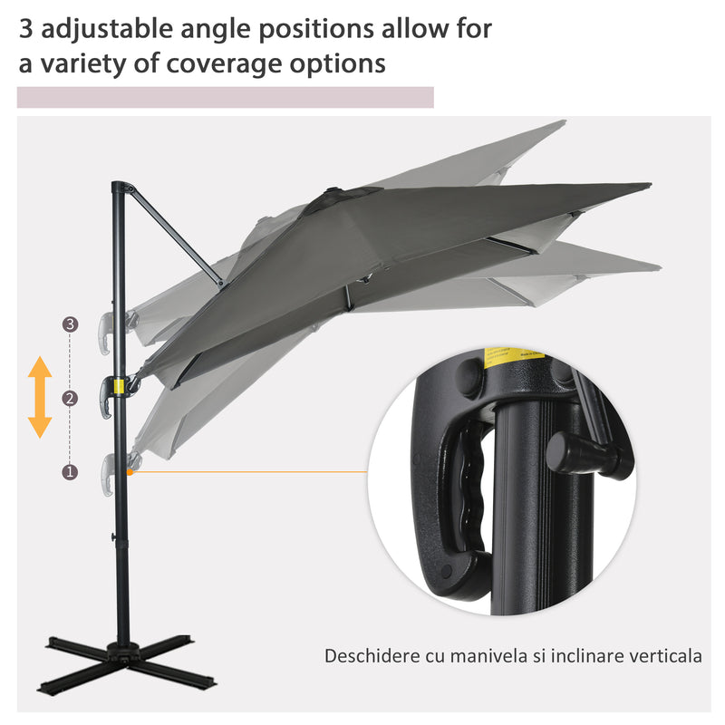 Outsunny Square Cantilever Roma Parasol 360° Rotation w/ Hand Crank, Grey