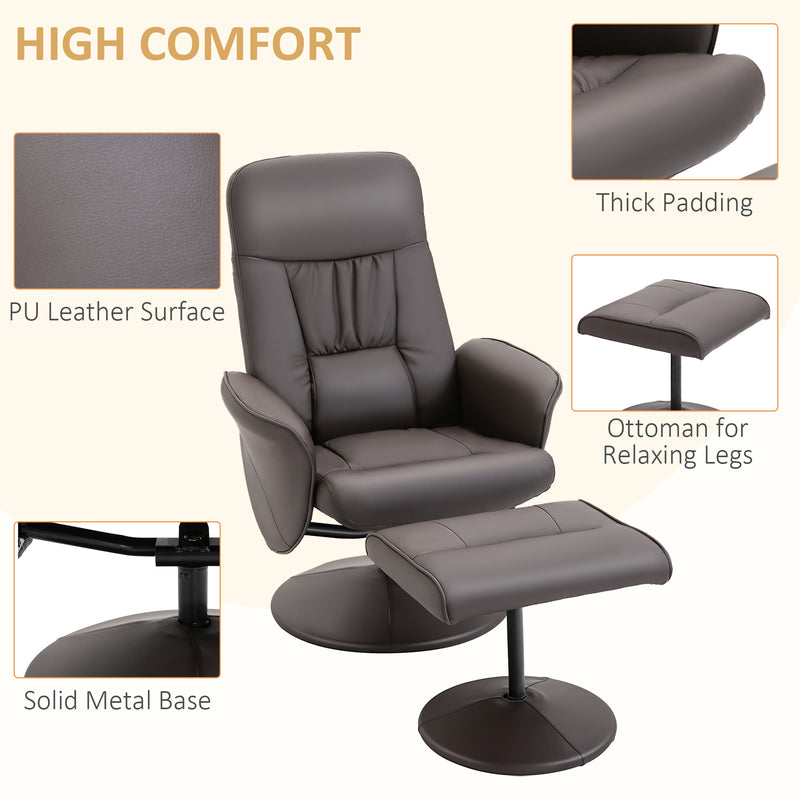 HOMCOM PU Leather 2 Pcs Reclining Armchair w/ Ottoman 360° Swivel Brown