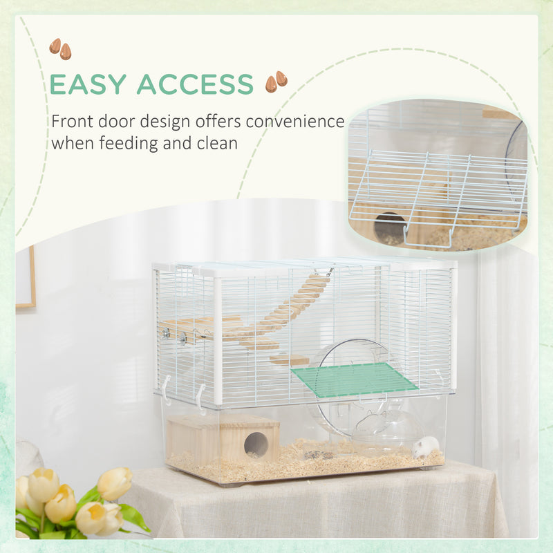 PawHut Hamster Cage, Gerbil Cage w/ Deep Bottom, Wooden Ramp, Exercise Wheel