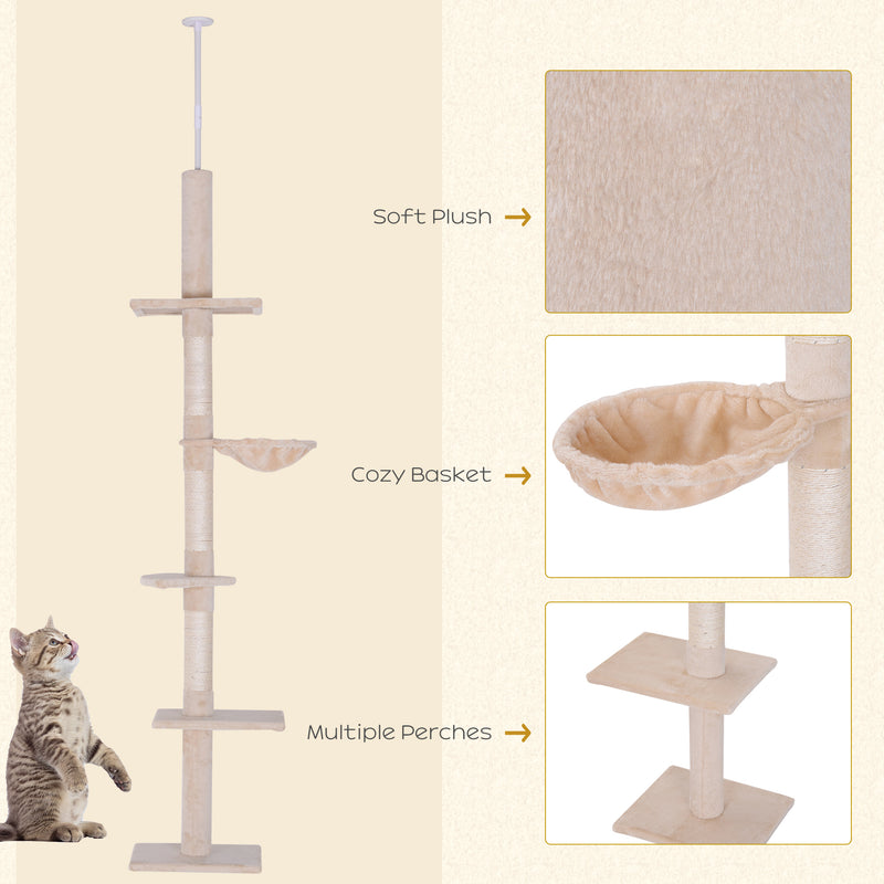 PawHut Floor to Ceiling Cat Tree for Indoor Cats 5-Tier Kitty Tower Beige