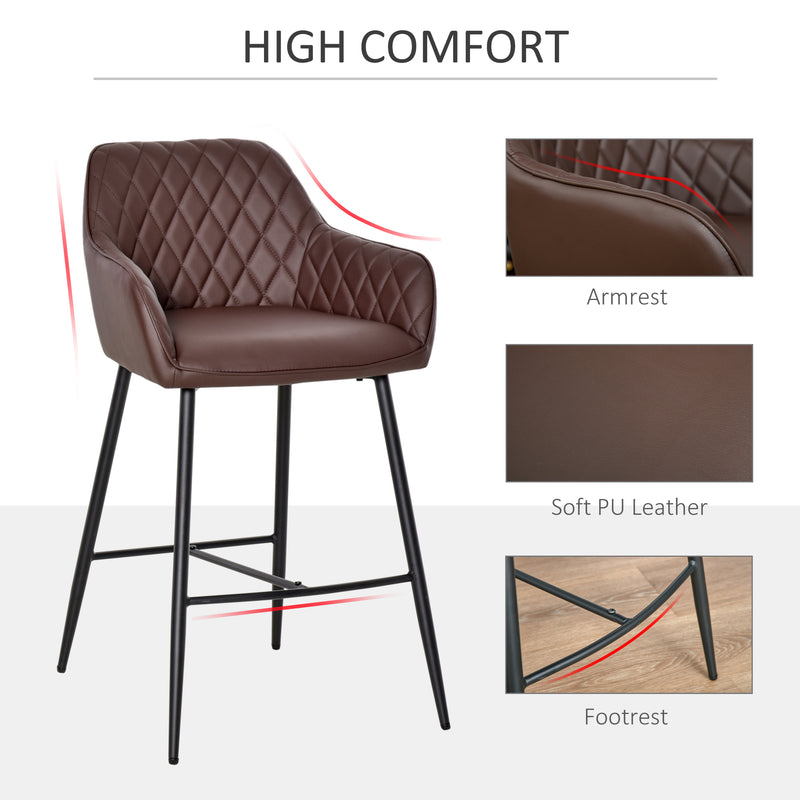 HOMCOM Set Of 2 Retro PU Leather Bar Chairs Set Stylish w/ Footrest Metal Frame