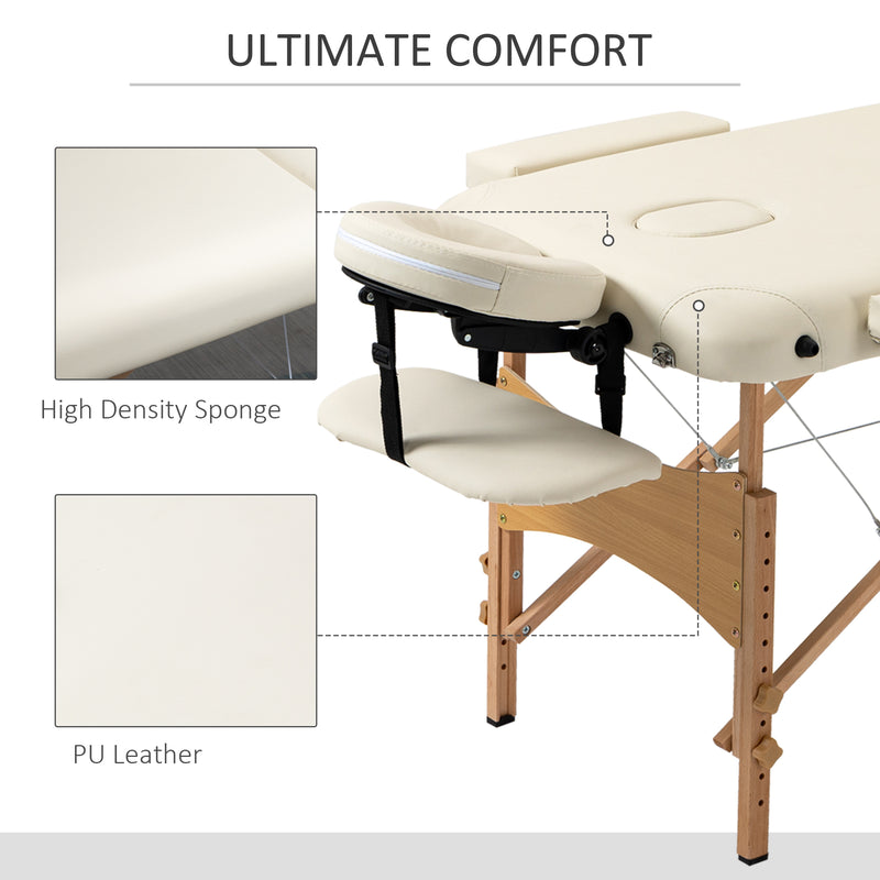 HOMCOM Wooden Folding Spa Beauty Massage Table w/ 2 Sections, Carry Bag, Cream