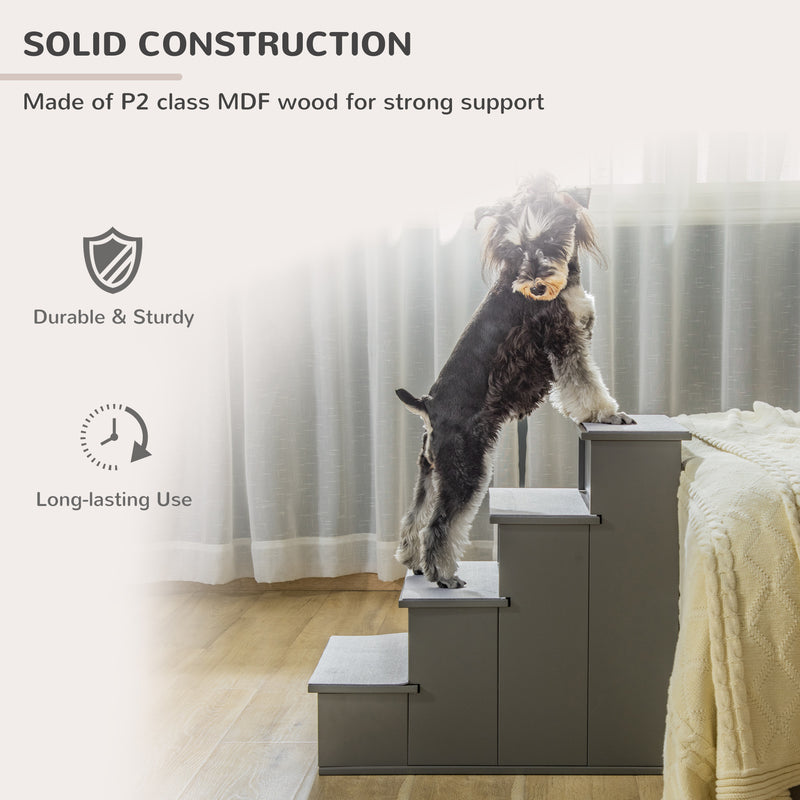 PawHut 4 Step Wooden Dog Steps Pet Stairs Cat Ladder for Bed Couch, Grey