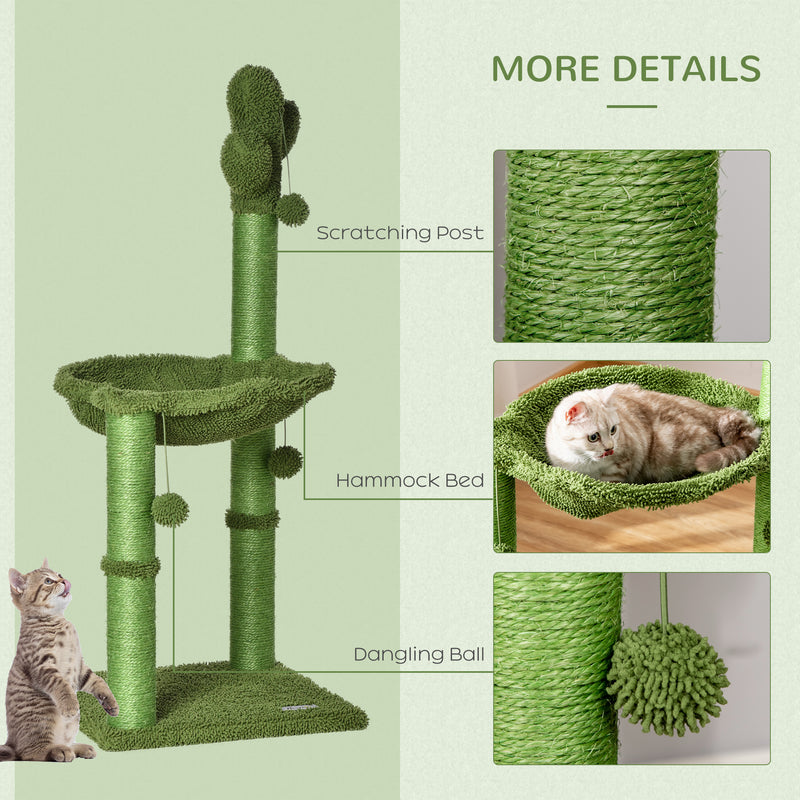 PawHut Cactus Cat Tree Tower Sisal Scratching Post with Hammock 40 x 40 x 96 cm