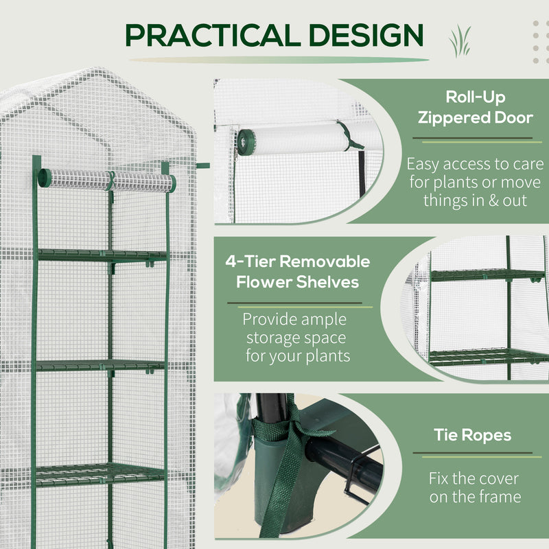 Outsunny Mini Greenhouse 4-Tier Portable Plant House Shed w/ PE Cover, White