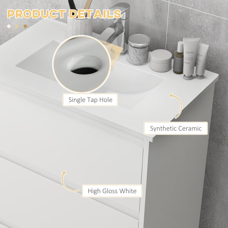 kleankin 600mm Bathroom Vanity Unit w/ 1 Tap Hole Basin Drawers Gloss White